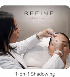Skincare clinician wearing gloves performing a forehead treatment on a reclining client in an aesthetic clinic during a one-on-one shadowing/training session