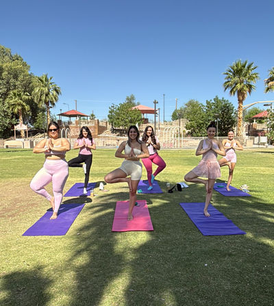 Group of six women practicing tree pose in an outdoor yoga class on colorful mats in a sunny park with palm trees, green lawn and clear blue sky.