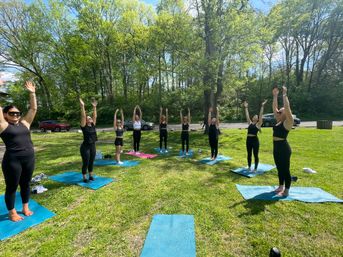Outdoor yoga class in a leafy park on a sunny day, participants on colorful mats standing with arms raised on a green lawn under tall trees