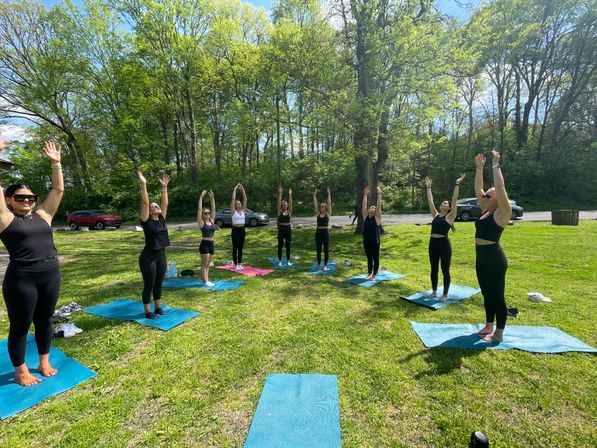 Outdoor yoga class in a leafy park on a sunny day, participants on colorful mats standing with arms raised on a green lawn under tall trees