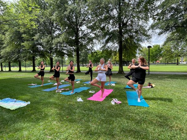 Outdoor yoga class in a tree-shaded park: nine women smiling and balancing in tree pose on colorful mats on a green lawn.