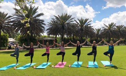 Seven women holding hands and smiling while doing tree pose on colorful yoga mats on a sunny green lawn — outdoor group yoga class beneath tall palm trees and a blue, partly cloudy sky.