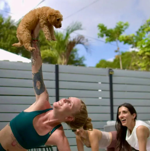 Outdoor yoga: person in teal sports bra holds a small curly puppy overhead while balancing in a side plank on a sunny backyard patio with palm trees and laughing friends.