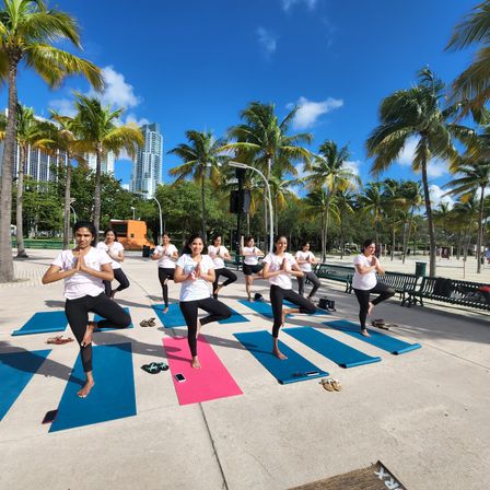 Group yoga class of women holding tree pose on colorful mats under palm trees in a sunny Miami park with a nearby city skyline