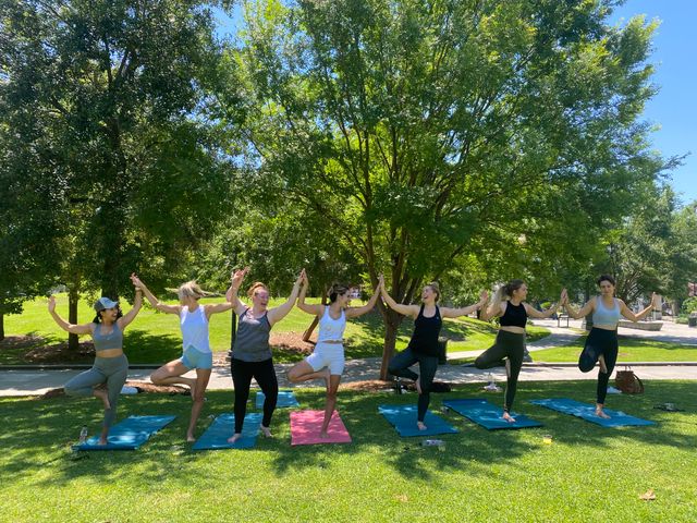 Seven women holding hands practicing tree pose on blue and pink yoga mats during an outdoor yoga class in a sunny grassy park under large shade trees.
