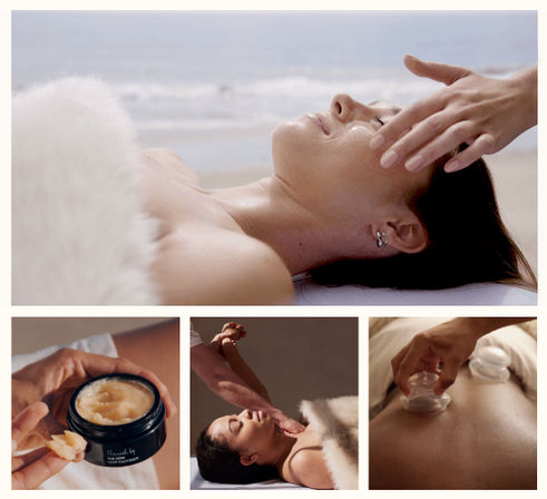 Beachside spa collage: person enjoying a facial massage, jar of body scrub, relaxing full-body massage, and glass cupping on the back