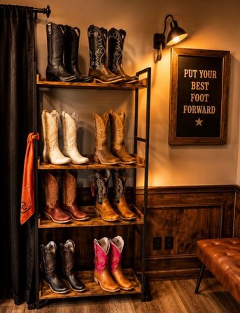 Rustic western boutique interior with wooden shelves displaying multiple cowboy boots (black, white, tan, pink), lit by a wall sconce next to a framed sign reading "PUT YOUR BEST FOOT FORWARD", leather bench and wood-paneled floor.