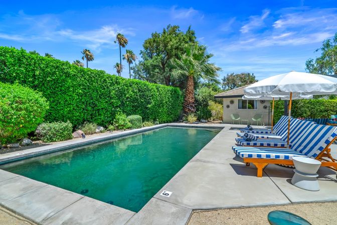 Resort-style backyard rectangular pool with palm trees, tall green privacy hedge, and blue-and-white striped loungers under white umbrellas on a sunny day