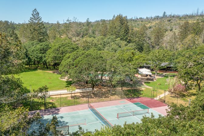 Aerial view of multi-sport courts with nets beside a sunlit green lawn, picnic tables and umbrella‑shaded patio tucked among oak trees on a wooded hillside.