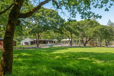 Sunlit oak‑shaded lawn leading to a resort-style backyard pool area with a white cabana, lounge chairs and umbrellas nestled among mature trees.