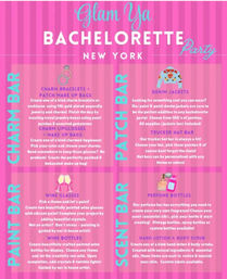 Bright pink striped bachelorette party flyer for a New York event listing craft stations — charm bar, patch bar, paint bar and scent/perfume bar with small icons of rings, a denim jacket, wine glasses and perfume bottles.