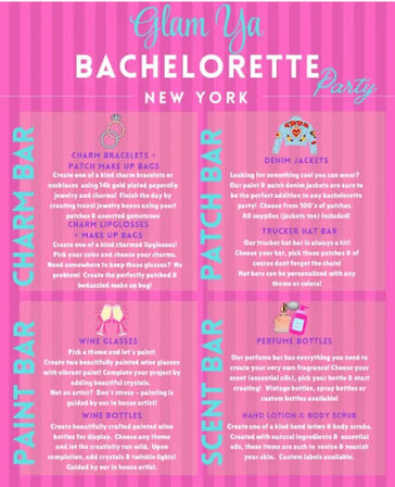 Bright pink striped bachelorette party flyer for a New York event listing craft stations — charm bar, patch bar, paint bar and scent/perfume bar with small icons of rings, a denim jacket, wine glasses and perfume bottles.