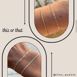 Split-frame close-up of wrists wearing delicate gold and silver chain bracelets, minimalist "this or that" style choice.