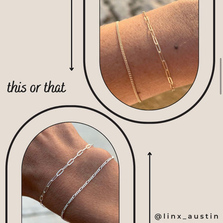 Split-frame close-up of wrists wearing delicate gold and silver chain bracelets, minimalist "this or that" style choice.