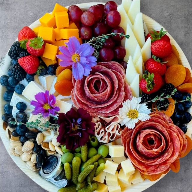 Vibrant round charcuterie board with salami roses, cheddar and assorted cheese cubes and wedges, red grapes, strawberries, blueberries and blackberries, dried apricots, mixed nuts, cornichons, green olives, and edible flowers on a wooden platter.