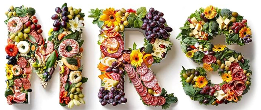 Colorful charcuterie letter art spelling MRS made from cured meats, cheeses, grapes, olives, crackers and edible flowers on a white background — creative food typography for parties and events.