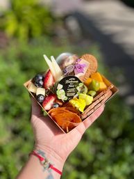 Hand holding a vibrant mini charcuterie snack box with strawberries, blueberries, cheese cubes, crackers, dried apricots, green grapes and edible flowers against a blurred outdoor background