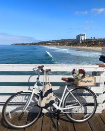 White vintage bicycle with a striped tote and crate of flowers leaned against a pier railing, overlooking surfers on small waves and a sandy coastal beach with bluffs and a tall oceanfront building under a bright blue sky.