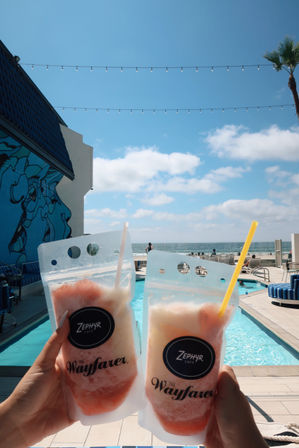 Two pink frozen drinks in clear pouch cups held over a sunny beachfront pool deck with lounge chairs, string lights, a palm tree, and ocean horizon.