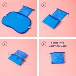 Four-step sequence of a blue foldable travel pad on a pink background, shown folding from a flat pad into a small compact carrying pouch with attached elastic loops.