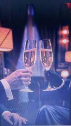 Two champagne flutes clinking in a glamorous evening toast, hands in formal attire (suit sleeve and gloved hand) against warm lounge lighting