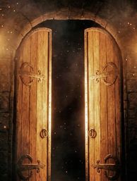 Open medieval wooden double doors in a stone archway, warm golden light and floating dust particles spilling into a dark, mysterious interior