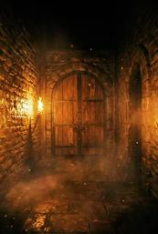 Mysterious torch-lit medieval stone corridor with smoke and embers leading to heavy wooden double doors in an underground dungeon