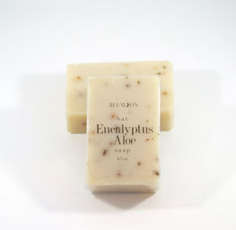 Cream-colored eucalyptus aloe bar soap with tiny herb specks — two natural handmade bars on a clean white background