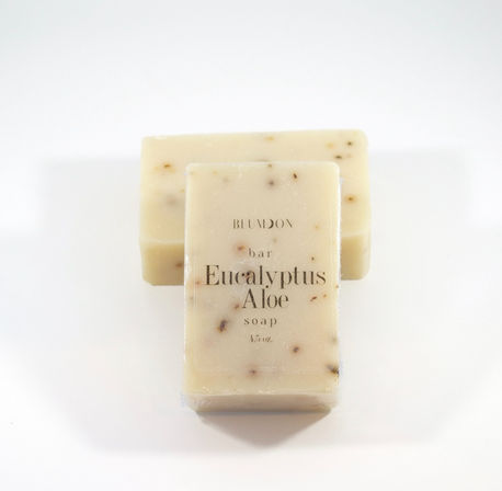 Cream-colored eucalyptus aloe bar soap with tiny herb specks — two natural handmade bars on a clean white background