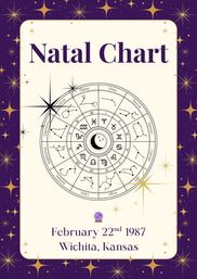 Natal chart poster featuring a black-and-white zodiac wheel with constellation diagrams and a moon symbol at the center, purple starry border and bold title 'Natal Chart', showing date February 22, 1987 and location Wichita, Kansas.