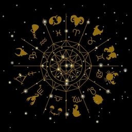 Gold astrology zodiac wheel with 12 horoscope symbols arranged around a geometric star mandala on a black, starry cosmic background — celestial horoscope design