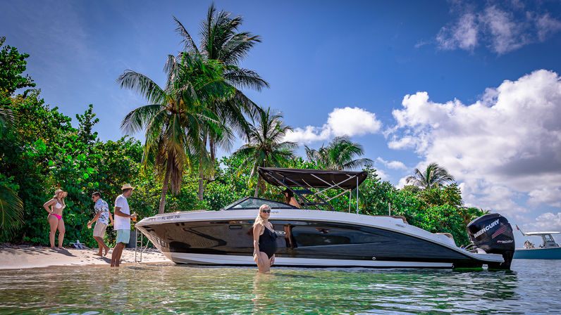 Sunny tropical Florida beach with a sleek motorboat anchored in shallow turquoise water, tall palm trees on the sandy shore, and friends in swimwear enjoying a relaxed day.