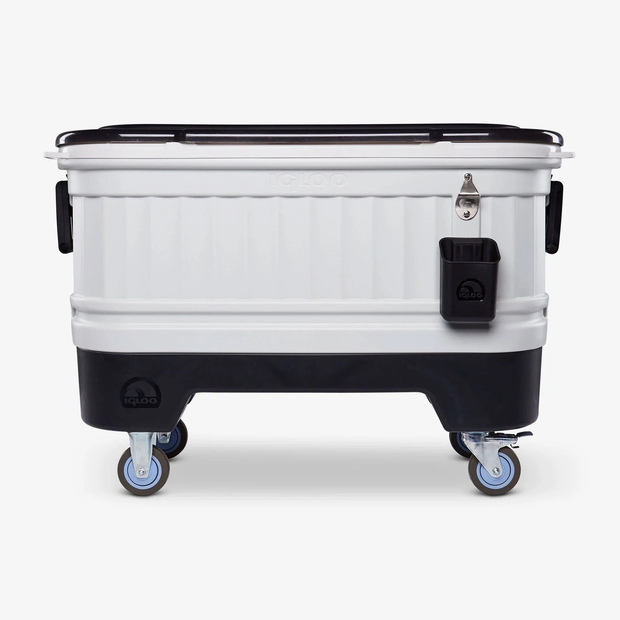 White-and-black heavy-duty rolling cooler on swivel casters with bottle opener, detachable cup holder and side handles — portable outdoor tailgate cooler