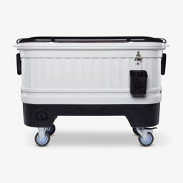 White-and-black heavy-duty rolling cooler on swivel casters with bottle opener, detachable cup holder and side handles — portable outdoor tailgate cooler