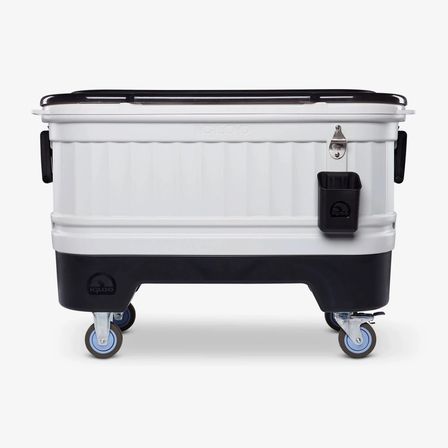 White-and-black heavy-duty rolling cooler on swivel casters with bottle opener, detachable cup holder and side handles — portable outdoor tailgate cooler
