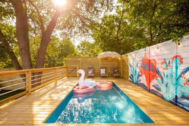 Sunlit wooden deck with a narrow plunge pool, inflatable swan and pink float rings, lounge chairs under an umbrella and a colorful mural on the fence in a wooded backyard.