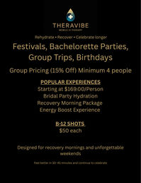 Black and gold poster with droplet-and-cross logo promoting mobile IV therapy and group hydration for festivals, bachelorette parties, group trips and birthdays; mentions group pricing (15% off, min 4), popular packages starting at $169/person and B‑12 shots $50.
