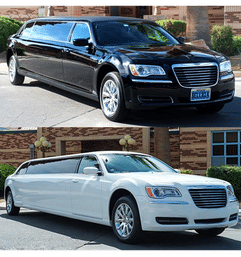 Black and white stretch limousines parked outside a brick event venue with palm trees, glossy chrome wheels and tinted windows — luxury transportation for weddings and events