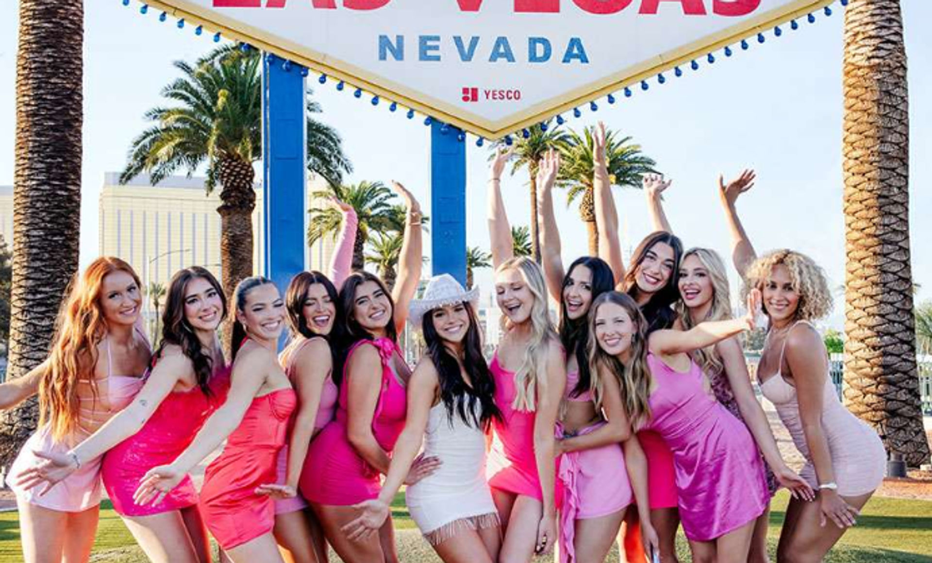 Group of women in pink and white dresses posing and smiling in front of the iconic Las Vegas, Nevada sign with palm trees and blue sky