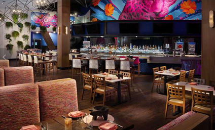 Vibrant urban restaurant interior with a colorful tropical mural, long backlit bar stocked with bottles, mixed booth and wooden table seating, hanging plants and warm ambient lighting