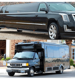 Two black passenger vehicles: top a glossy stretch SUV limousine with chrome trim and alloy wheels, bottom a black shuttle/party bus van parked curbside in a downtown setting — luxury limo and group shuttle transport.