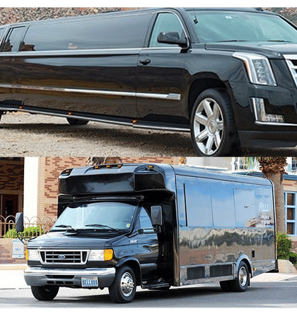 Two black passenger vehicles: top a glossy stretch SUV limousine with chrome trim and alloy wheels, bottom a black shuttle/party bus van parked curbside in a downtown setting — luxury limo and group shuttle transport.