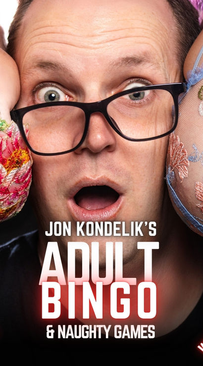 Cheeky poster for an adult comedy game show: surprised man wearing glasses squeezed between two women in colorful lacy embroidered bras, promoting adult bingo and naughty games.