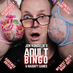 Promotional poster for an adult bingo comedy game show: a surprised man in glasses squeezed between two women in floral bras, playful girls‑night‑out vibe.