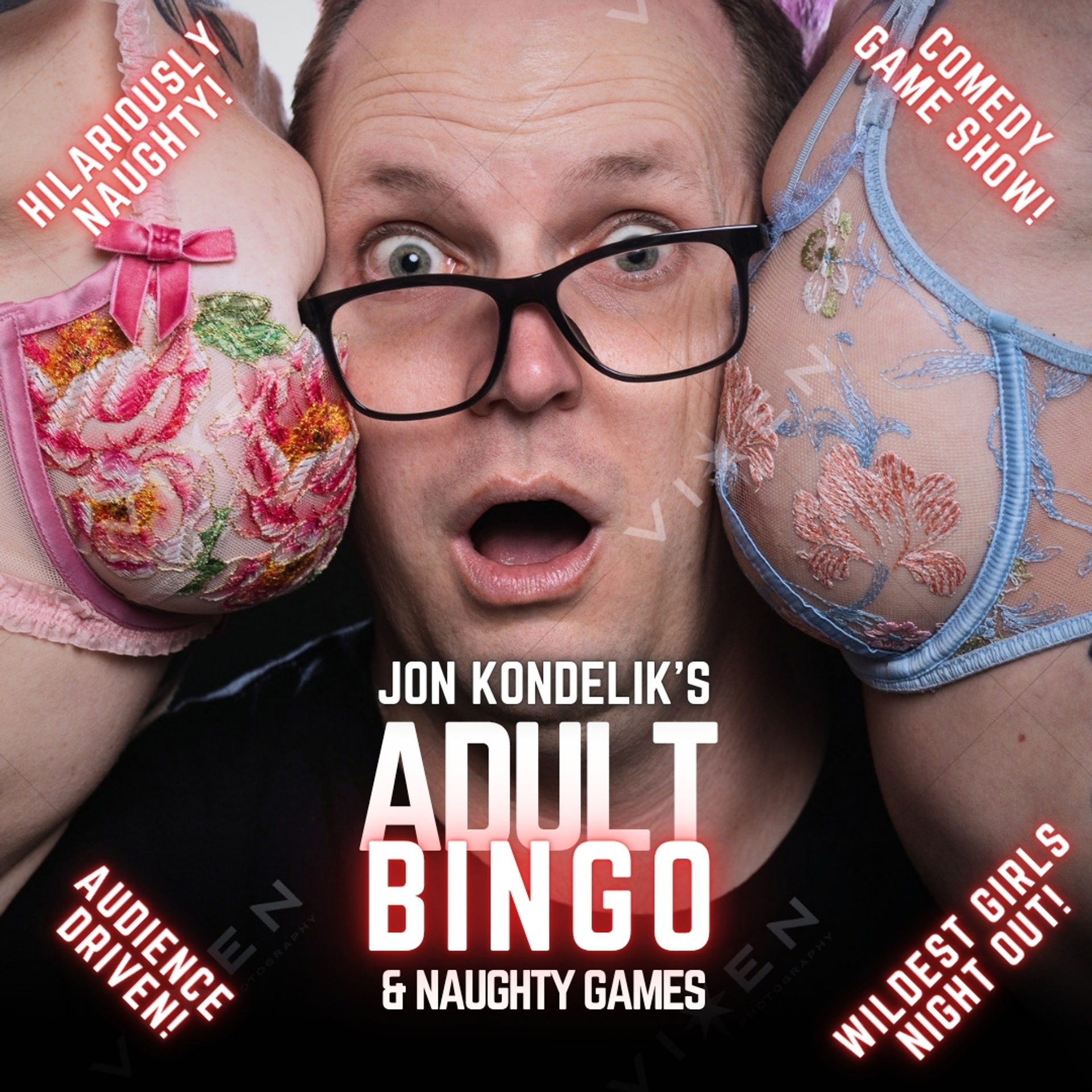 Promotional poster for an adult bingo comedy game show: a surprised man in glasses squeezed between two women in floral bras, playful girls‑night‑out vibe.