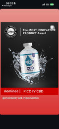 Nominee banner featuring a clear IV-style CBD vial with water splash, labeled “CBD,” set against a dark background with a ‘Most Innovative Product’ award graphic and association emblem.