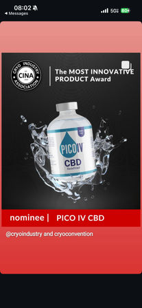 Nominee banner featuring a clear IV-style CBD vial with water splash, labeled “CBD,” set against a dark background with a ‘Most Innovative Product’ award graphic and association emblem.