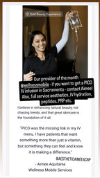 Cheerful clinician in black scrubs holding up an IV bag in a treatment room, with overlay text promoting IV hydration, PICO infusions, peptides and aesthetic services in Sacramento.