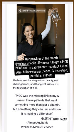 Cheerful clinician in black scrubs holding up an IV bag in a treatment room, with overlay text promoting IV hydration, PICO infusions, peptides and aesthetic services in Sacramento.