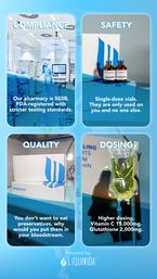 Bright infographic for IV therapy showing a sterile 503B compounding lab, single‑dose vials, a sealed infusion kit, and an IV bag labeled high‑dose Vitamin C 15,000mg and Glutathione 2,000mg — highlighting compliance, safety, quality, and dosing.